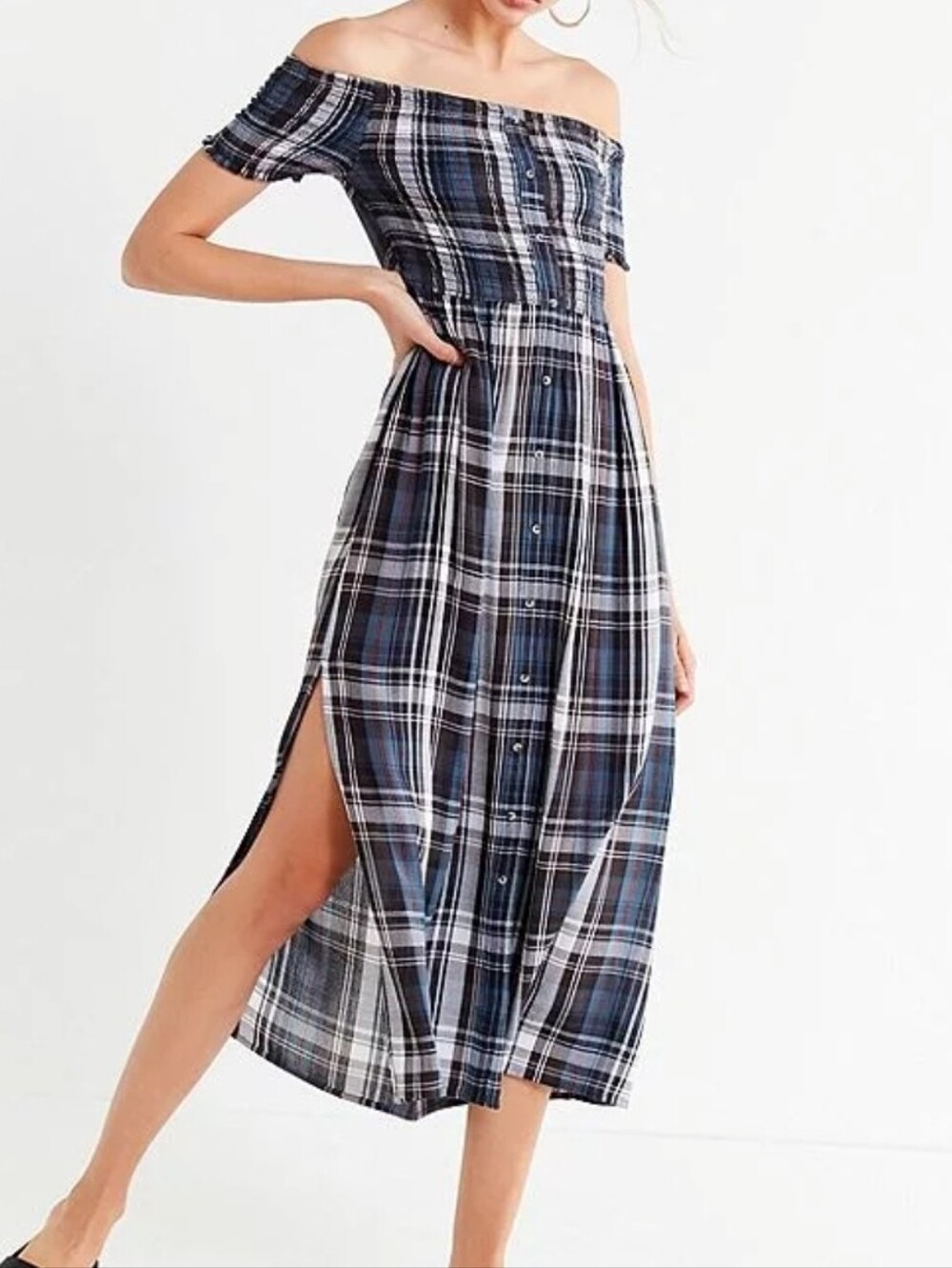 Urban Outfitters Monica Plaid Off-Shoulder Navy White Midi Dress
